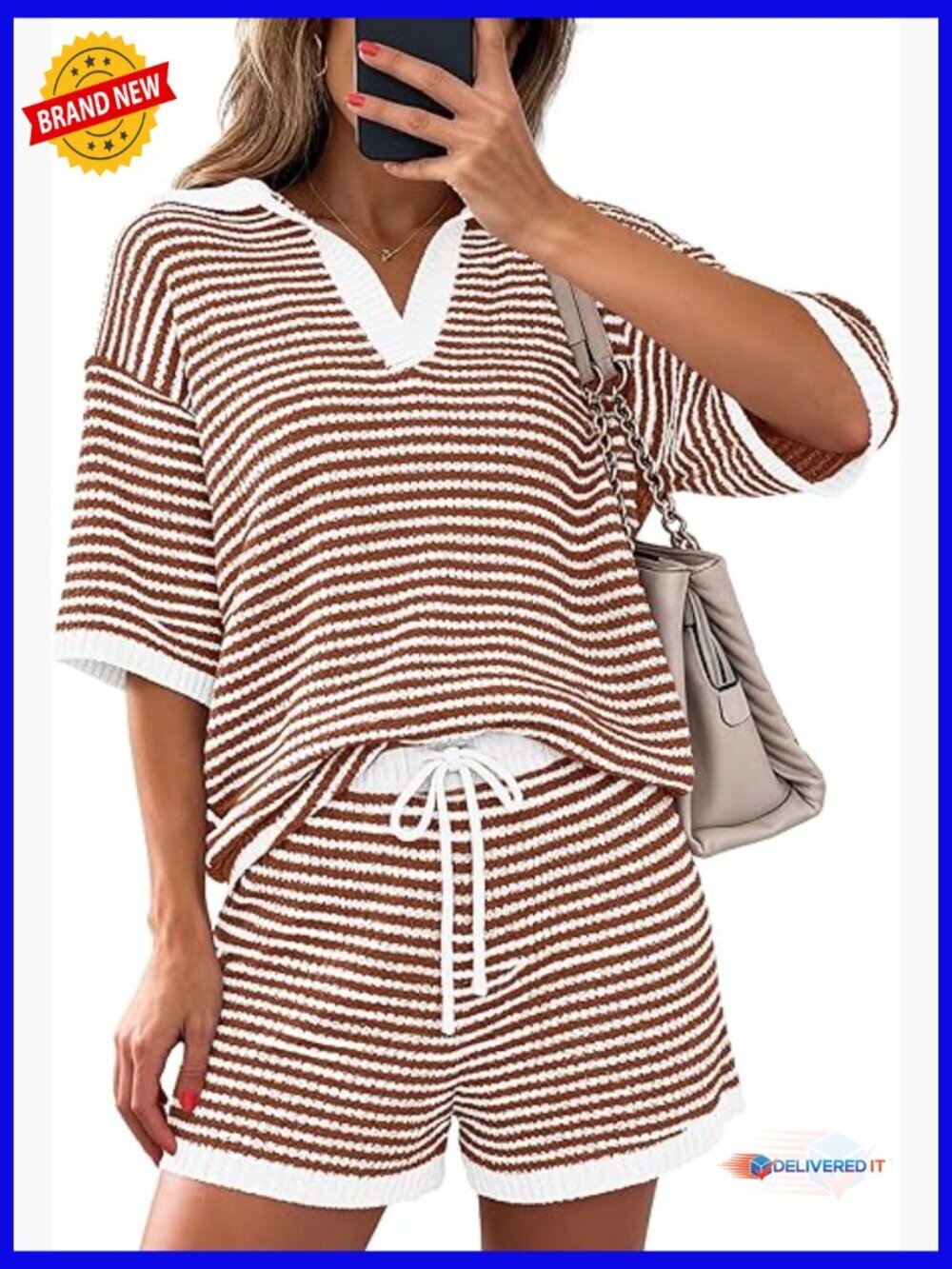2 Piece Lounge Set Short Sleeve V Neck Striped Top Drawstring Shorts Summer